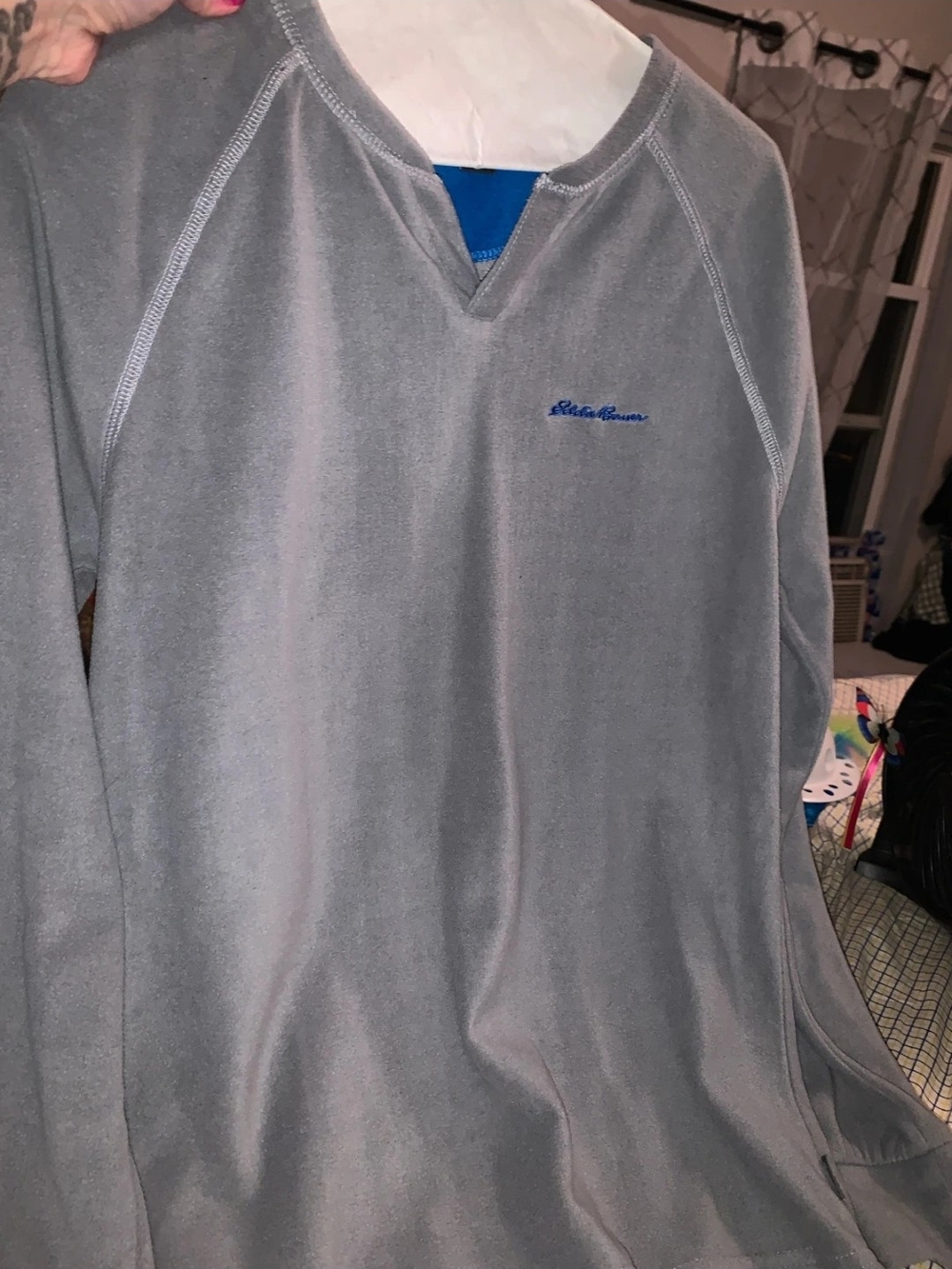 Eddie Bauer Gray V-Neck Sweater with Blue Logo